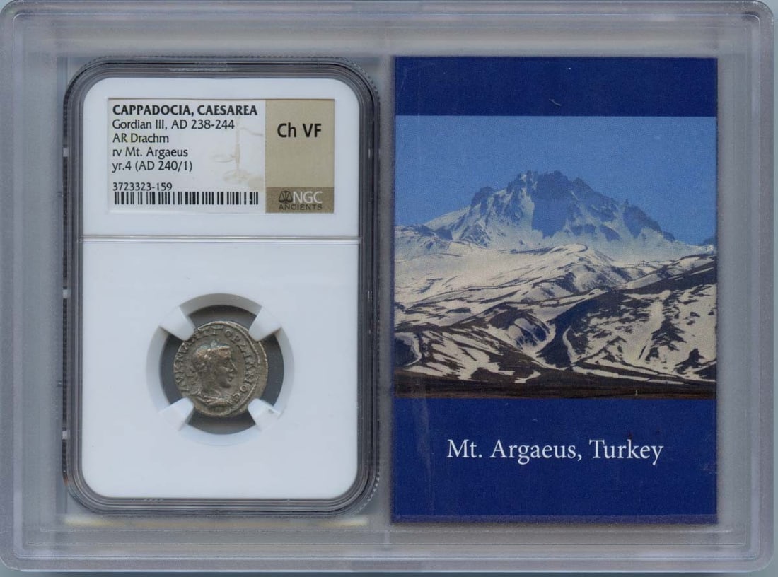 Gordian III CAPPADOCIA AR Drachm NGC VF30 Ancient Roman Coin: Gordian III CAPPADOCIA AR Drachm NGC VF30 Ancient Roman Coin This ancient Roman drachm from the reign of Gordian III (AD 238-244) features a striking design from Cappadocia, specifically Caessarea. Ce