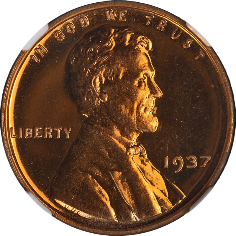 1937 Proof Lincoln Cent NGC PF66 RD Exceptional Luster and Strong Strike: 1937 Proof Lincoln Cent NGC PF66 RD Exceptional Luster and Strong Strike This 1937 Lincoln Cent Proof features superb eye appeal, exceptional luster, and a strong strike. Graded NGC PF66 RD Cameo, it 