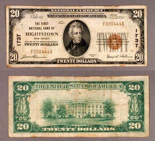 1929 T-1 $20 National Bank Note Hightstown NJ Ch #1737 Very Fine: 1929 T-1 $20 National Bank Note Hightstown NJ Ch #1737 Very Fine This 1929 T-1 National Bank Note from Hightstown, NJ is a remarkable piece of currency history. Denominated at $20, it is classified as