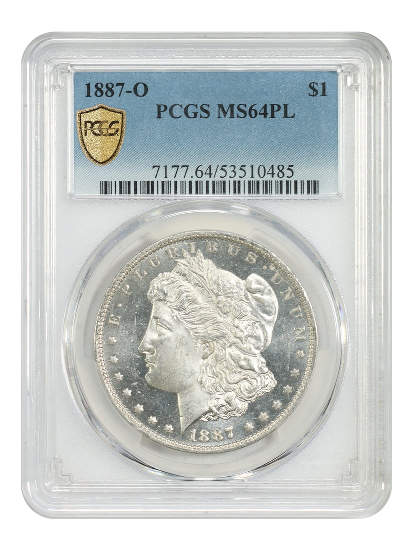 1887-O PCGS MS64PL New Orleans Morgan Silver Dollar: 1887-O PCGS MS64PL New Orleans Morgan Silver Dollar This is an 1887-O Morgan Dollar graded MS64PL by PCGS. The coin is uncirculated and features a prooflike (PL) strike. Minted in New Orleans, this pr