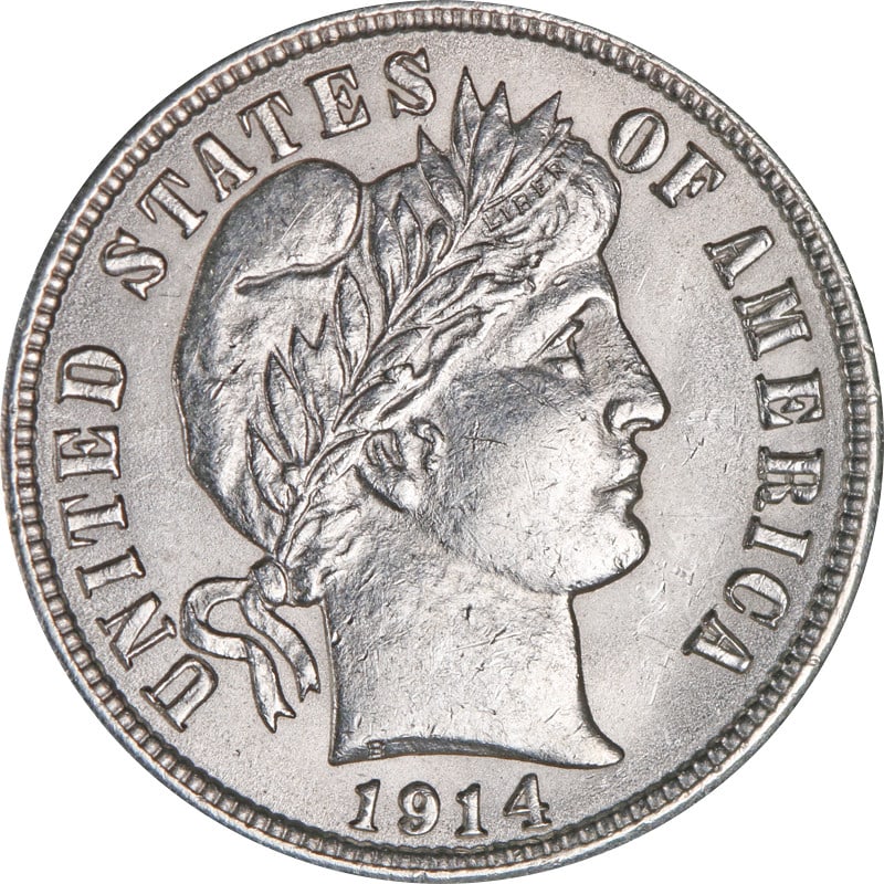 1914 Philadelphia Mint Silver Dime Circulated Barber Series Coin: 1914 Philadelphia Mint Silver Dime Circulated Barber Series Coin This 1914-P Barber Dime is a circulated coin minted in Philadelphia in 1914. Composed of silver, it originates from the United States a