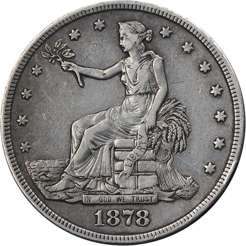 1878 S Silver Trade Dollar Nice VF Plus Strong Strike: 1878 S Silver Trade Dollar Nice VF Plus Strong Strike This is an original 1878-S Trade Dollar from the United States, featuring a strong strike, attractive color, and appealing surfaces. Graded as VF+