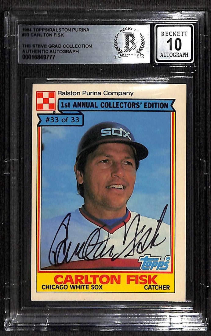 Carlton Fisk 1984 Topps Ralston Purina #33 Signed Card Beckett 10: Carlton Fisk 1984 Topps Ralston Purina #33 Signed Card Beckett 10 This is an autographed 1984 Topps Ralston Purina #33 baseball card, signed by Hall of Fame catcher Carlton Fisk. The signature, execut