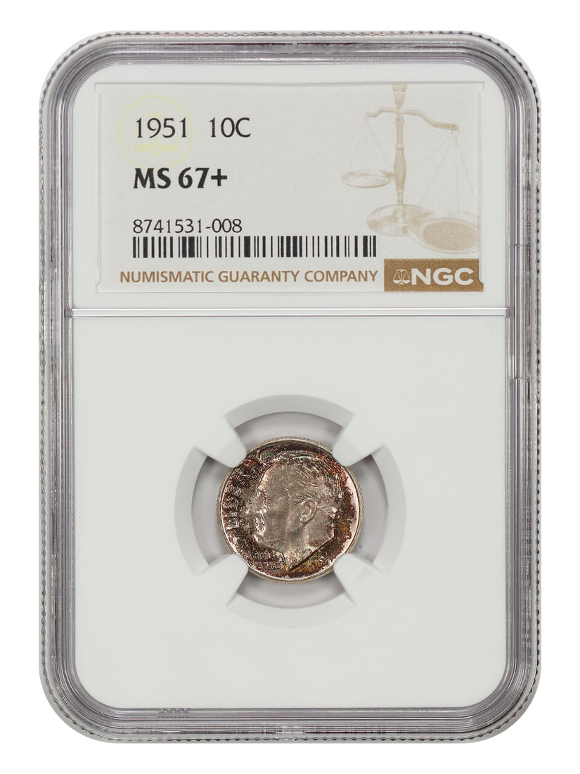 1951 Roosevelt Dime NGC MS67 Plus Philadelphia Mint 10C Uncirculated: 1951 Roosevelt Dime NGC MS67 Plus Philadelphia Mint 10C Uncirculated This is a 1951 Roosevelt Dime graded MS67+ by NGC. The coin is uncirculated and originates from the Philadelphia Mint. It belongs t
