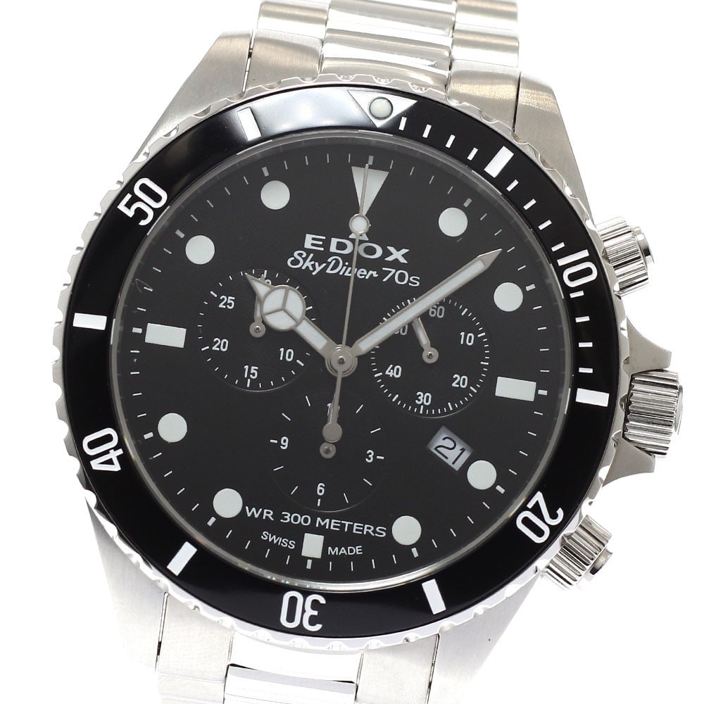 Edox Skydiver quartz chronograph men's stainless steel wristwatch: Edox Skydiver quartz chronograph men's stainless steel wristwatch This Edox Skydiver Date Chronograph men's wristwatch features a stainless steel case and bracelet with a black dial. Powered by a quar