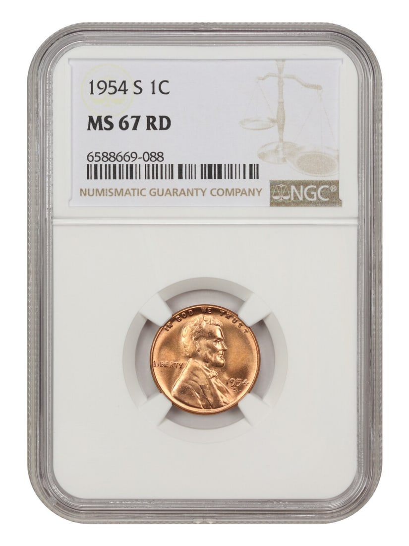 1954-S Lincoln Cent NGC MS67 RD Brilliant Red Gem: 1954-S Lincoln Cent NGC MS67 RD Brilliant Red Gem This 1954-S Lincoln Cent from San Francisco is a remarkable example of numismatic excellence, graded MS67 RD by NGC. This uncirculated coin features a
