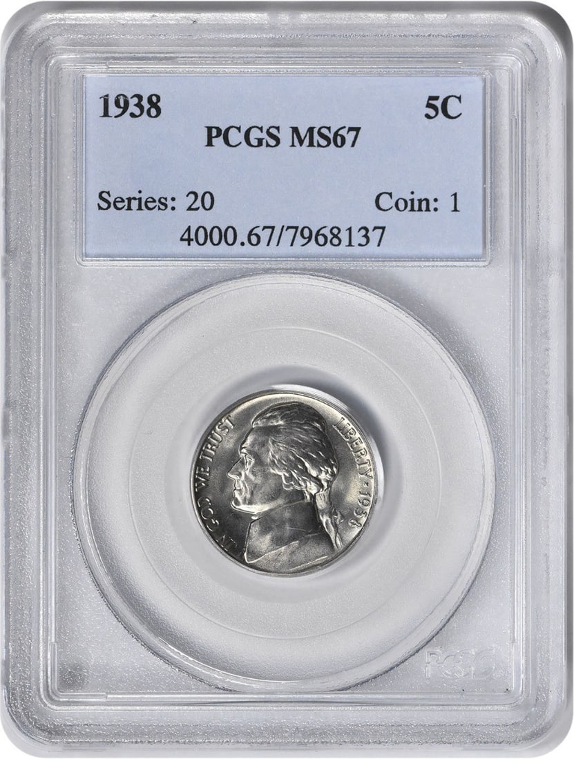 1938 Jefferson Nickel MS67 PCGS Uncirculated 5C: 1938 Jefferson Nickel MS67 PCGS Uncirculated 5C This 1938 Jefferson Nickel is graded MS67 by PCGS, showcasing its uncirculated condition. Minted in Philadelphia, this coin features a classic design by