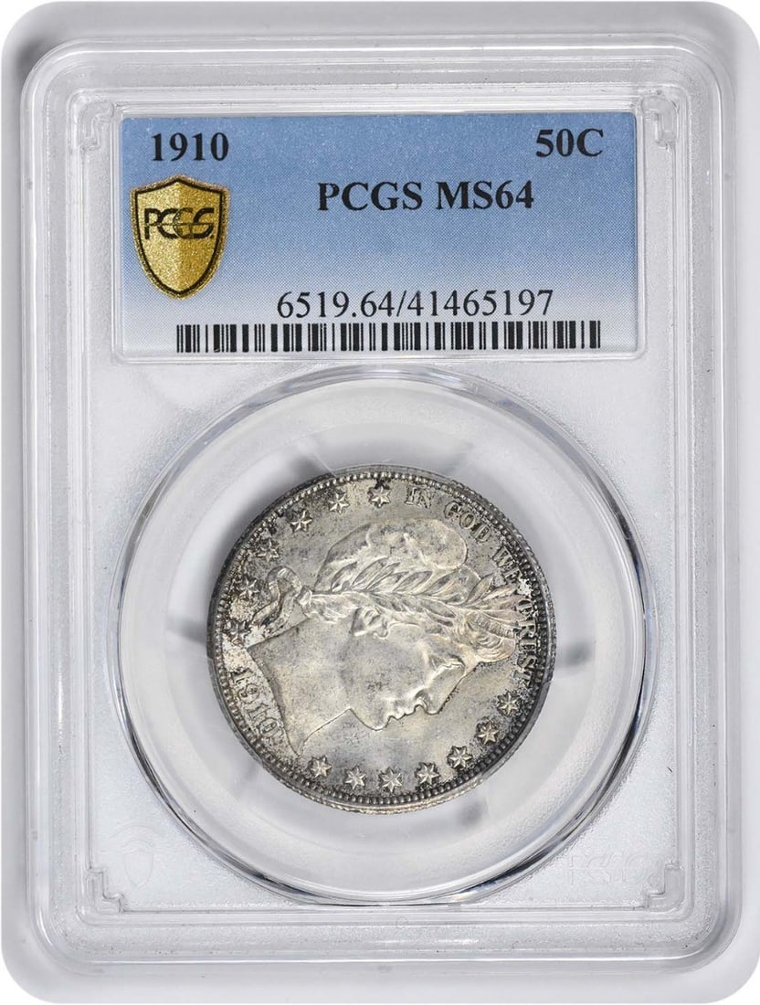 1910 Barber Half Dollar MS64 PCGS Uncirculated 90% Silver Coin: 1910 Barber Half Dollar MS64 PCGS Uncirculated 90% Silver Coin This 1910 Barber Silver Half Dollar is a remarkable piece certified by PCGS with a grade of MS64, indicating its uncirculated condition. 