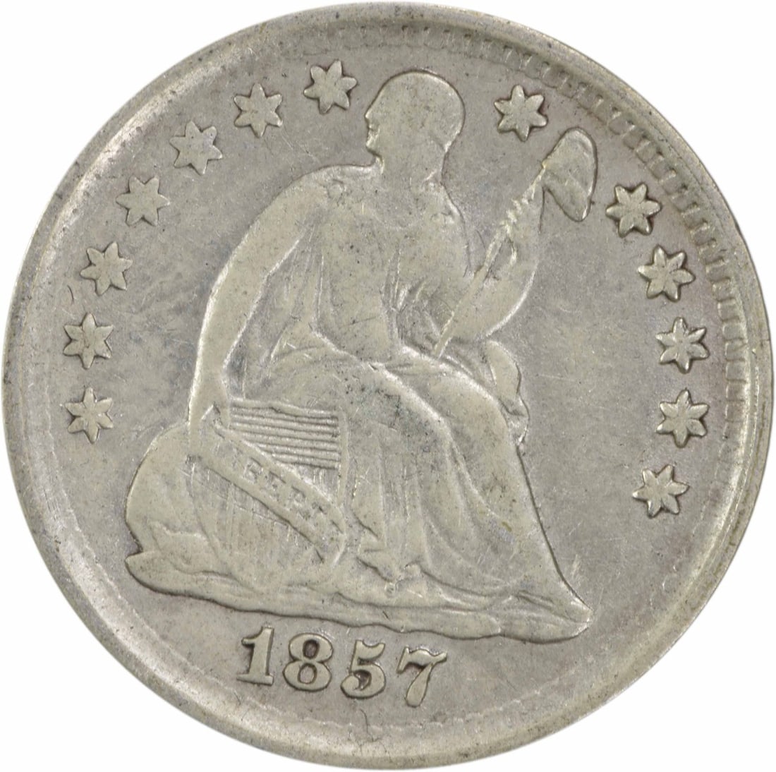 1857 Liberty Seated Half Dime 90% Silver Uncertified: 1857 Liberty Seated Half Dime 90% Silver Uncertified This 1857 Liberty Seated Silver Half Dime is a remarkable piece from the United States, showcasing the artistry of designer Christian Gobrecht. Wit