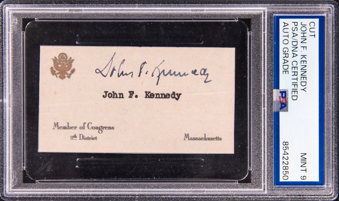 PSA DNA Certified John F Kennedy signed congressional business card: PSA DNA Certified John F Kennedy signed congressional business card This is an original Congressional business card signed by President John F. Kennedy. The card features Kennedy's blue ink signature 