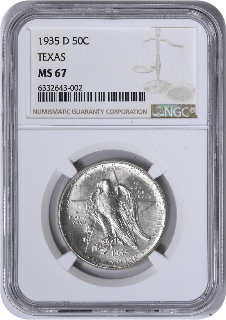 NGC MS67 1935-D Texas Commemorative Silver Half Dollar Denver Mint: NGC MS67 1935-D Texas Commemorative Silver Half Dollar Denver Mint This 1935-D Texas Commemorative Half Dollar is an uncirculated coin graded MS67 by NGC. Struck at the Denver Mint, it is composed of 