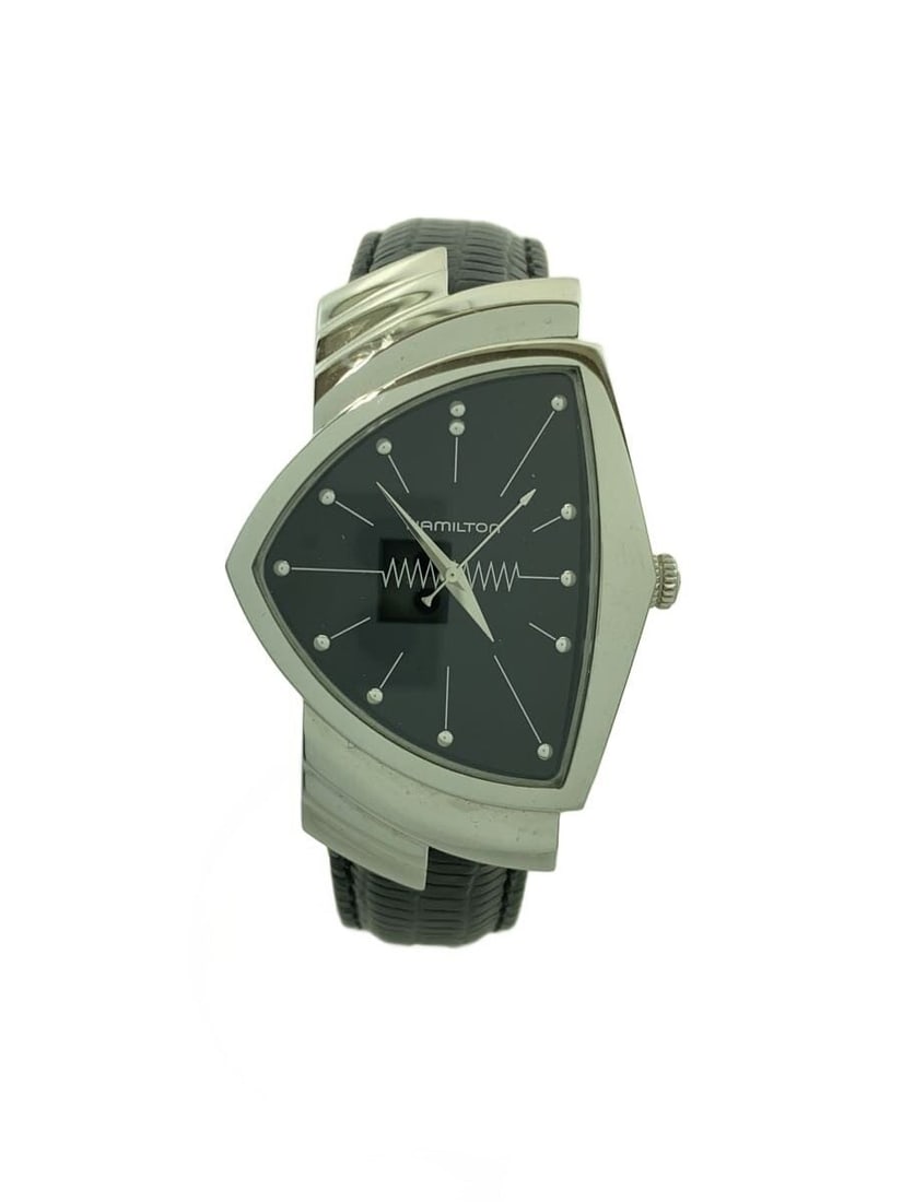 Hamilton Ventura Quartz Black Leather Wristwatch H244112: Hamilton Ventura Quartz Black Leather Wristwatch H244112 This HAMILTON Ventura Quartz H244112 men's wristwatch features a black leather band and a distinctive case design. Made in Switzerland, it is a