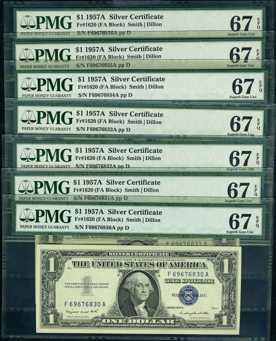 PMG Superb Gem 67 1957-B $1 Silver Certificate Run of 7 Notes: PMG Superb Gem 67 1957-B $1 Silver Certificate Run of 7 Notes This is a pack of FR. 1621 $1 1957-B Silver Certificate notes from the United States, featuring the F-A block. The notes are certified by 