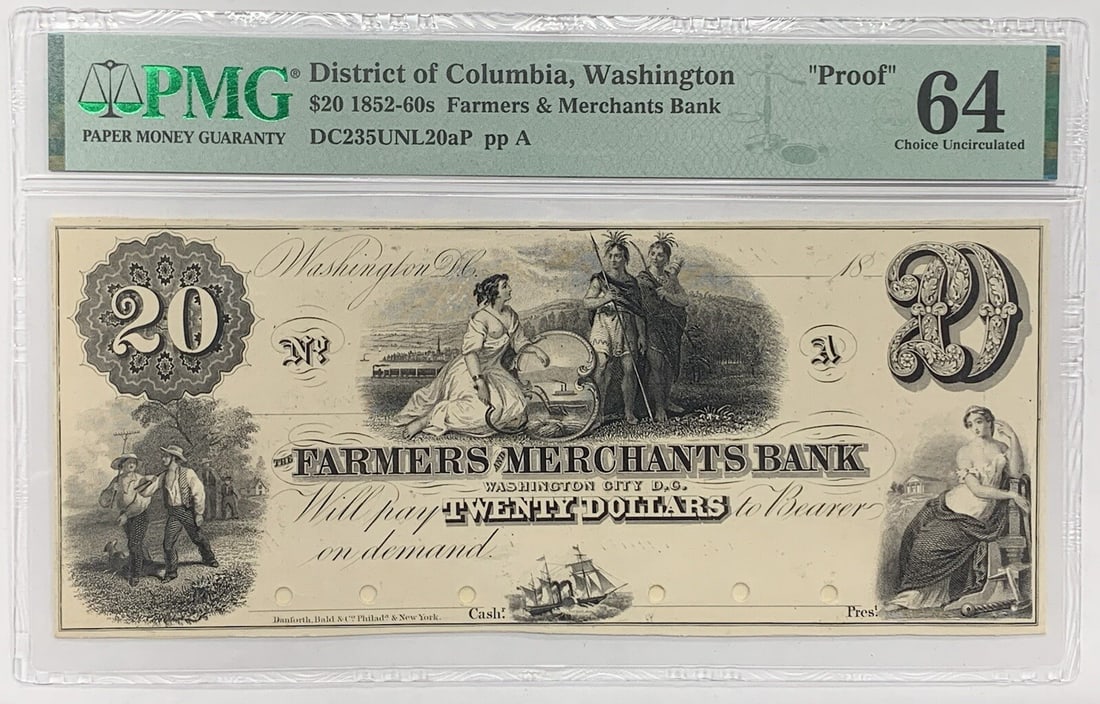 1852 $20 Farmers and Merchants Bank Washington DC PMG PR 64 Rare Note: 1852 $20 Farmers and Merchants Bank Washington DC PMG PR 64 Rare Note This is an 1852 $20 note issued by Farmers & Merchants Bank in Washington, DC. The note is graded PMG PR 64 Choice Uncirculated an