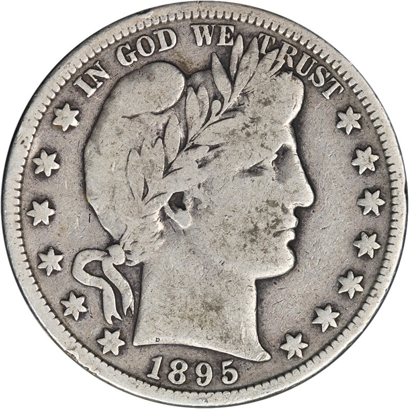 1895 S Barber Half Dollar Silver VG F: 1895 S Barber Half Dollar Silver VG F This 1895-S Barber Half Dollar is a circulated coin with a nice strike and appealing surfaces. Graded as VG/F, it features attractive color and overall eye appeal