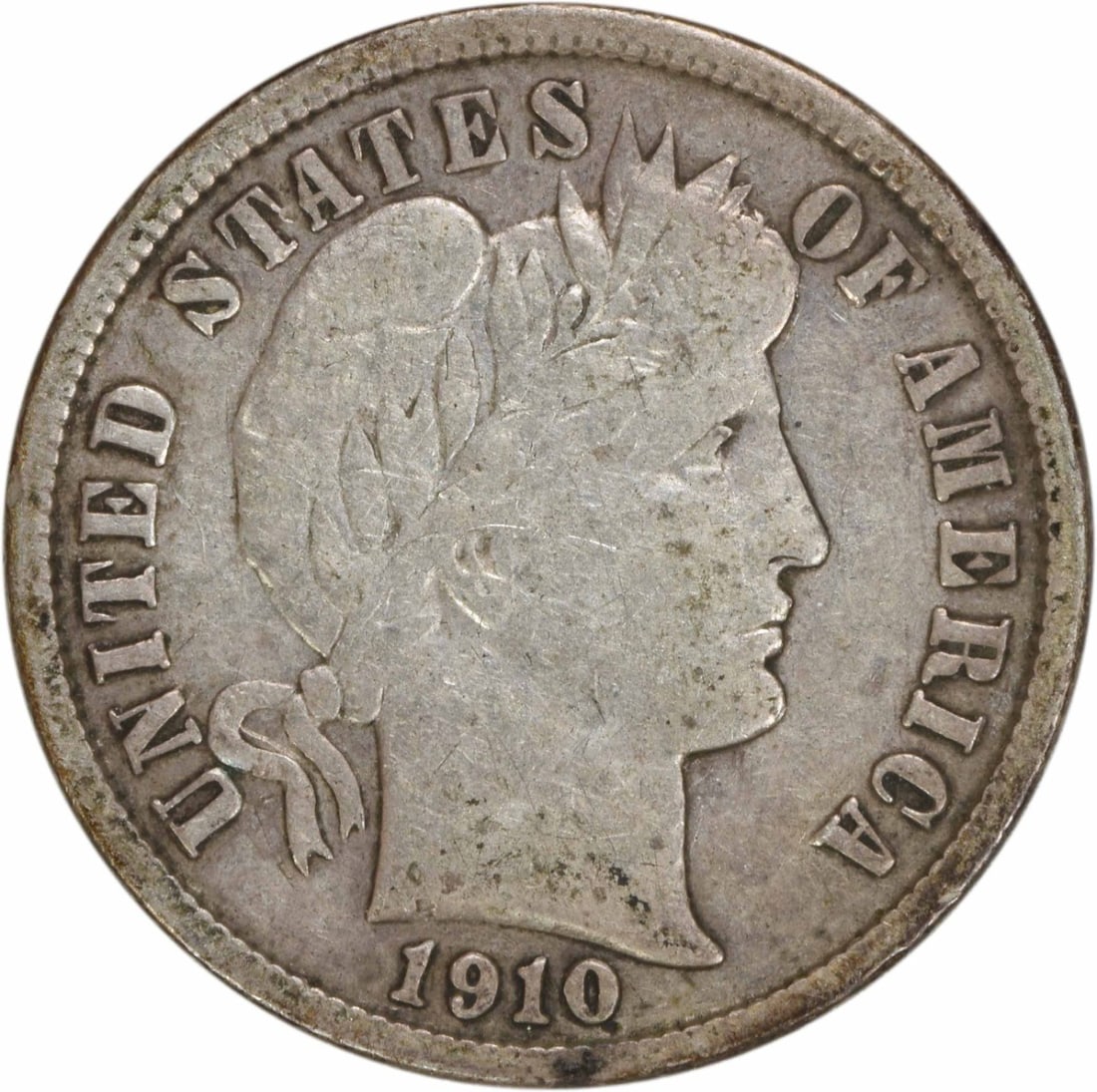 1910-S Barber Silver Dime 10C VF Uncertified 90% Silver: 1910-S Barber Silver Dime 10C VF Uncertified 90% Silver This 1910-S Barber Silver Dime features a classic design by Charles E. Barber and is a notable piece for collectors. With a composition of 90% s