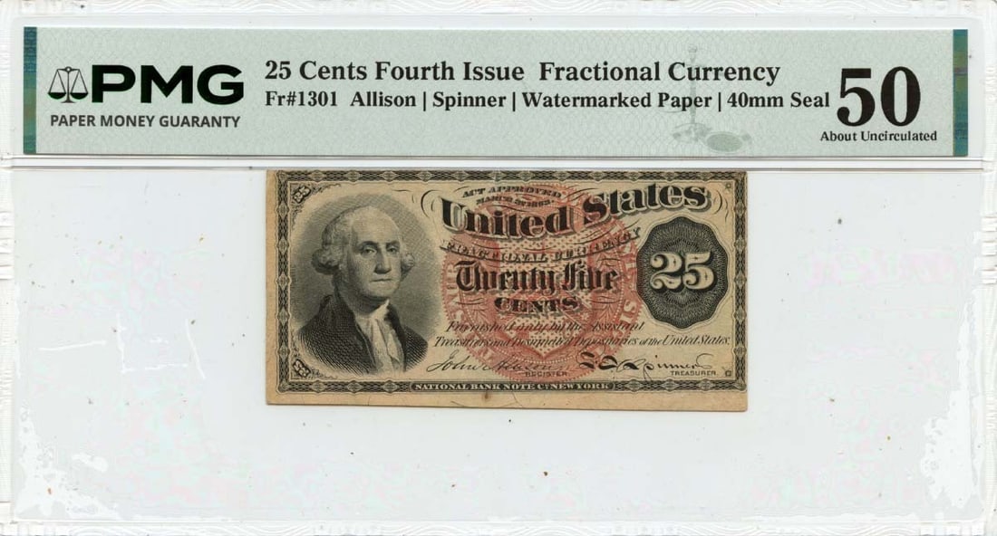 Fourth Issue 25 Cent US Fractional Note PMG AU50 Watermarked: Fourth Issue 25 Cent US Fractional Note PMG AU50 Watermarked This is a Fourth Issue 25 Cents United States Fractional Currency note, certified by PMG with a grade of AU50. The note features a watermar