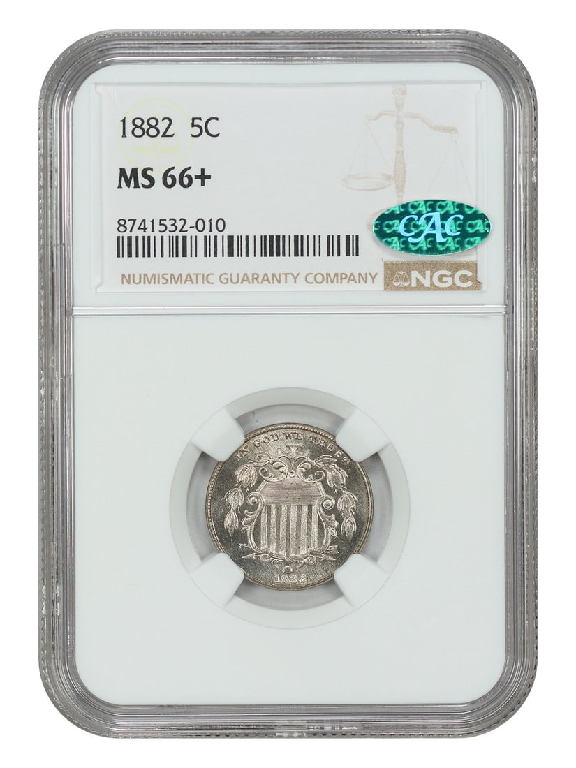 1882 Shield Nickel NGC CAC MS66 Plus 5C Philadelphia: 1882 Shield Nickel NGC CAC MS66 Plus 5C Philadelphia This 1882 Shield Nickel is graded MS66+ by NGC and is CAC approved. The coin is uncirculated and features flashy fields with a near-prooflike appea
