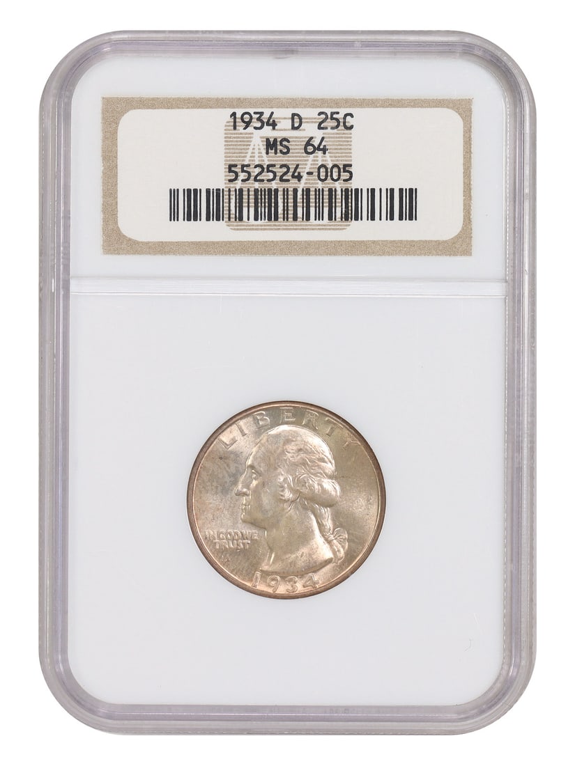 1934-D Denver Washington Quarter NGC MS64 Key Date 25C: 1934-D Denver Washington Quarter NGC MS64 Key Date 25C This 1934-D Washington Quarter is a key date coin certified by NGC with a grade of MS64. Struck at the Denver Mint, this pre-owned 25-cent piece 