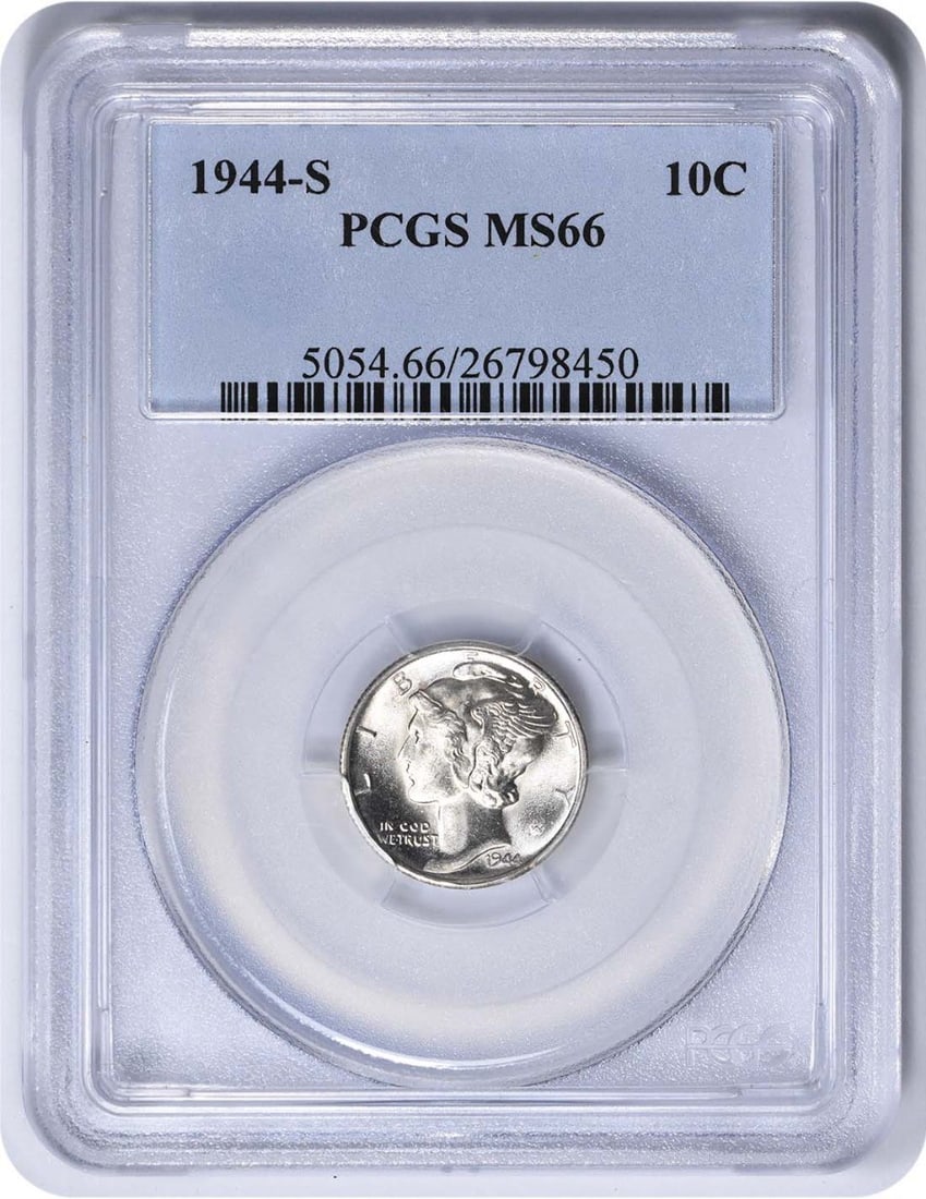 1944-S PCGS MS66 Mercury Silver Dime 90% Silver Coin: 1944-S PCGS MS66 Mercury Silver Dime 90% Silver Coin This 1944-S Mercury Silver Dime is graded MS66 by PCGS, indicating it is in uncirculated condition. Struck at the San Francisco mint, it features a