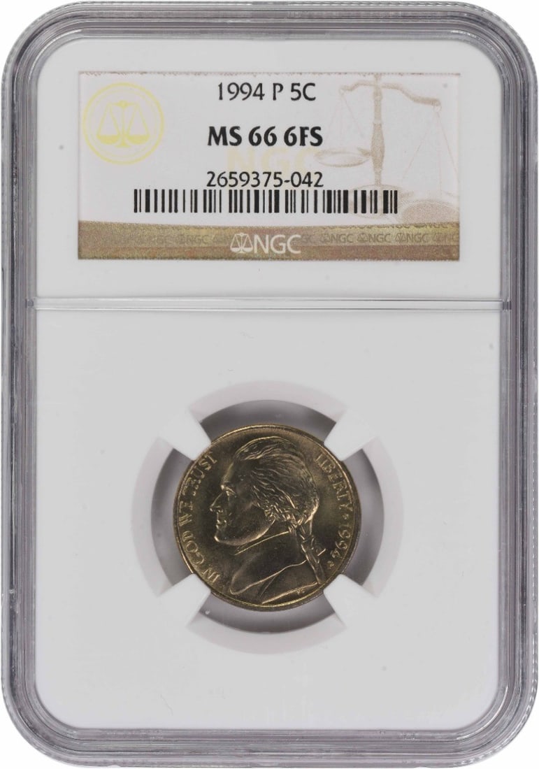 MS66 NGC 1994 Philadelphia Jefferson Nickel Six Full Steps: MS66 NGC 1994 Philadelphia Jefferson Nickel Six Full Steps This is a 1994-P Jefferson Nickel certified by NGC with a grade of MS66 and features the Full Steps (6FS) designation. The coin is uncirculat