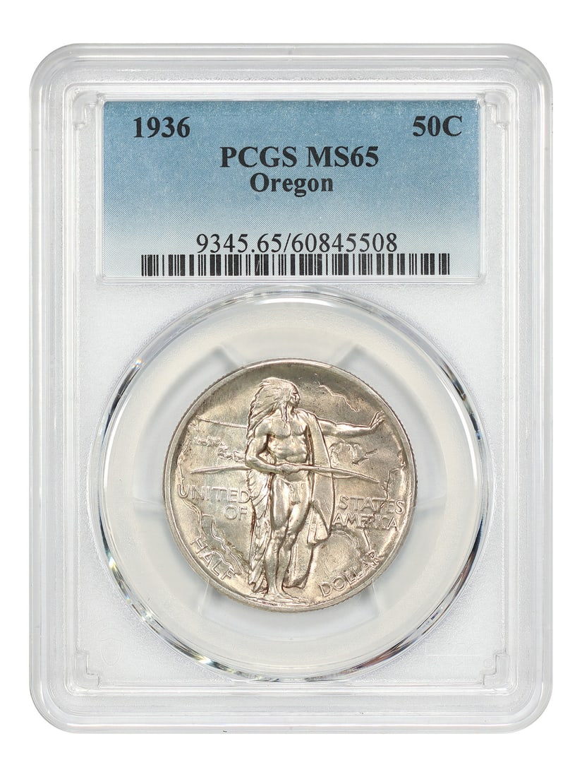 PCGS MS65 1936 Oregon Trail 50C Silver Commemorative: PCGS MS65 1936 Oregon Trail 50C Silver Commemorative This 1936 50C Oregon silver commemorative half dollar is a classic collectible, certified by PCGS in MS65 condition. Struck at the Philadelphia Min