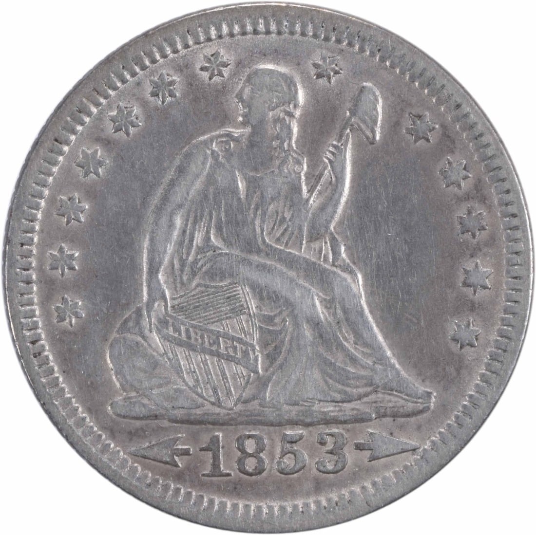 1853 Seated Liberty Quarter Arrows and Rays XF Philadelphia Uncertified: 1853 Seated Liberty Quarter Arrows and Rays XF Philadelphia Uncertified This 1853 Liberty Seated Quarter features the Arrows and Rays design and was minted in Philadelphia. Composed of 90% silver and 