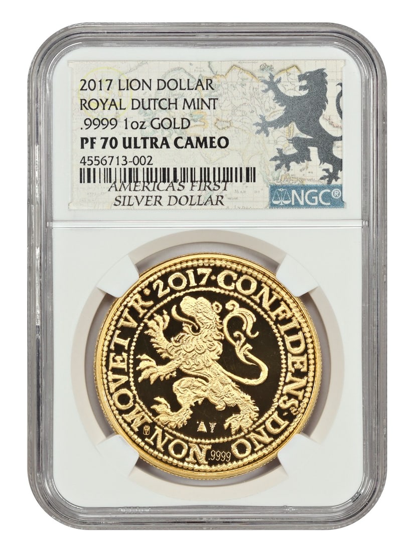 2017 Netherlands Lion Dollar 1 oz Gold NGC PR70DCAM: 2017 Netherlands Lion Dollar 1 oz Gold NGC PR70DCAM This 2017 Lion Dollar from the Netherlands is struck in 1 ounce of .9999 fine gold by the Royal Dutch Mint. The coin has been graded PR70DCAM by NGC
