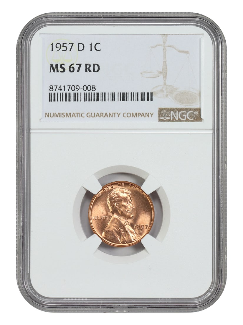 1957-D Lincoln Wheat Reverse Cent NGC MS67RD: 1957-D Lincoln Wheat Reverse Cent NGC MS67RD This is a 1957-D Lincoln Cent featuring the Wheat Reverse, graded MS67 Red (RD) by NGC. The coin is uncirculated and was struck at the Denver Mint. It is p