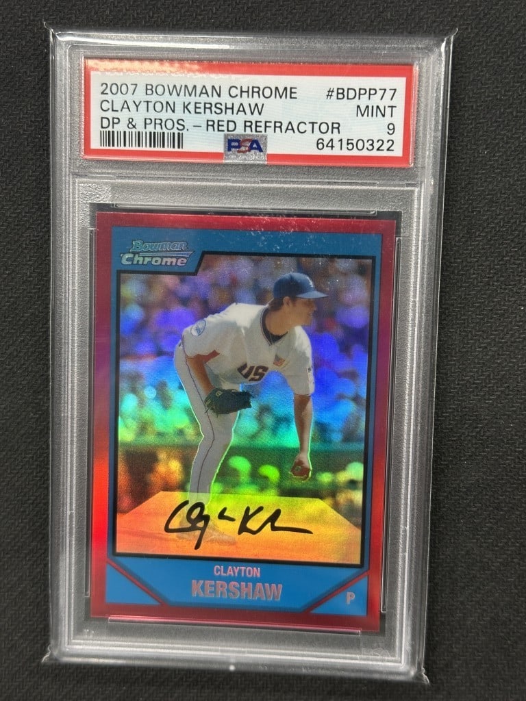 2007 Clayton Kershaw Bowman Chrome Draft Red Refractor PSA 9 #BDPP77 Dodgers: 2007 Clayton Kershaw Bowman Chrome Draft Red Refractor PSA 9 #BDPP77 Dodgers This exquisite 2007 Bowman Chrome Draft Red Refractor baseball card features Clayton Kershaw, a standout player for the Los