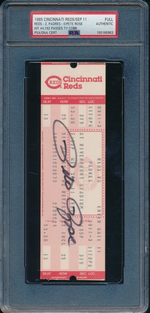 September 11 1985 Pete Rose Autographed Full Ticket PSA DNA Cincinnati Reds 4192 Hit: September 11 1985 Pete Rose Autographed Full Ticket PSA DNA Cincinnati Reds 4192 Hit This is an original full ticket from the September 11, 1985 Cincinnati Reds vs. San Diego Padres game, signed by Pe