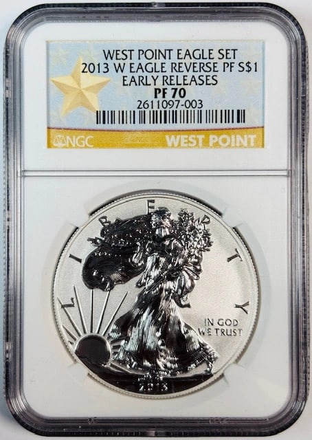NGC PF70 Silver Proof 2013 West Point Eagle Two Coin Set Early Releases: NGC PF70 Silver Proof 2013 West Point Eagle Two Coin Set Early Releases This is a 2013 West Point Silver Eagle proof coin, certified and graded PF 70 by NGC. The coin is composed of silver, uncirculat