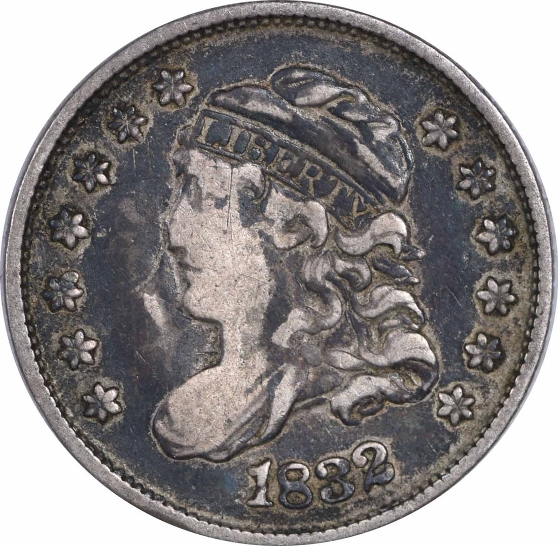 1832 Capped Bust Silver Half Dime VF Uncertified Philadelphia Mint: 1832 Capped Bust Silver Half Dime VF Uncertified Philadelphia Mint This 1832 Bust Silver Half Dime, featuring a Capped Bust design by William Kneass, is a remarkable piece for collectors. It is a circ