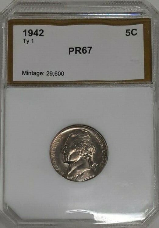 Proof 1942 Jefferson Nickel 5C Uncirculated in Plastic Display Holder: Proof 1942 Jefferson Nickel 5C Uncirculated in Plastic Display Holder This 1942 Jefferson Nickel is a proof strike coin from the United States, minted in Philadelphia. Composed of copper-nickel, it is