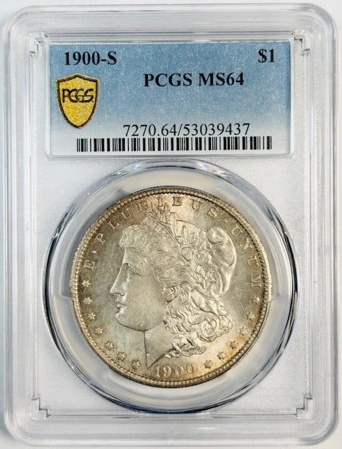 San Francisco Mint 1900 Morgan Dollar Silver PCGS MS64: San Francisco Mint 1900 Morgan Dollar Silver PCGS MS64 This 1900 S Morgan Silver Dollar is graded MS-64 by PCGS, indicating it is in uncirculated condition. Minted in San Francisco, this collectible s