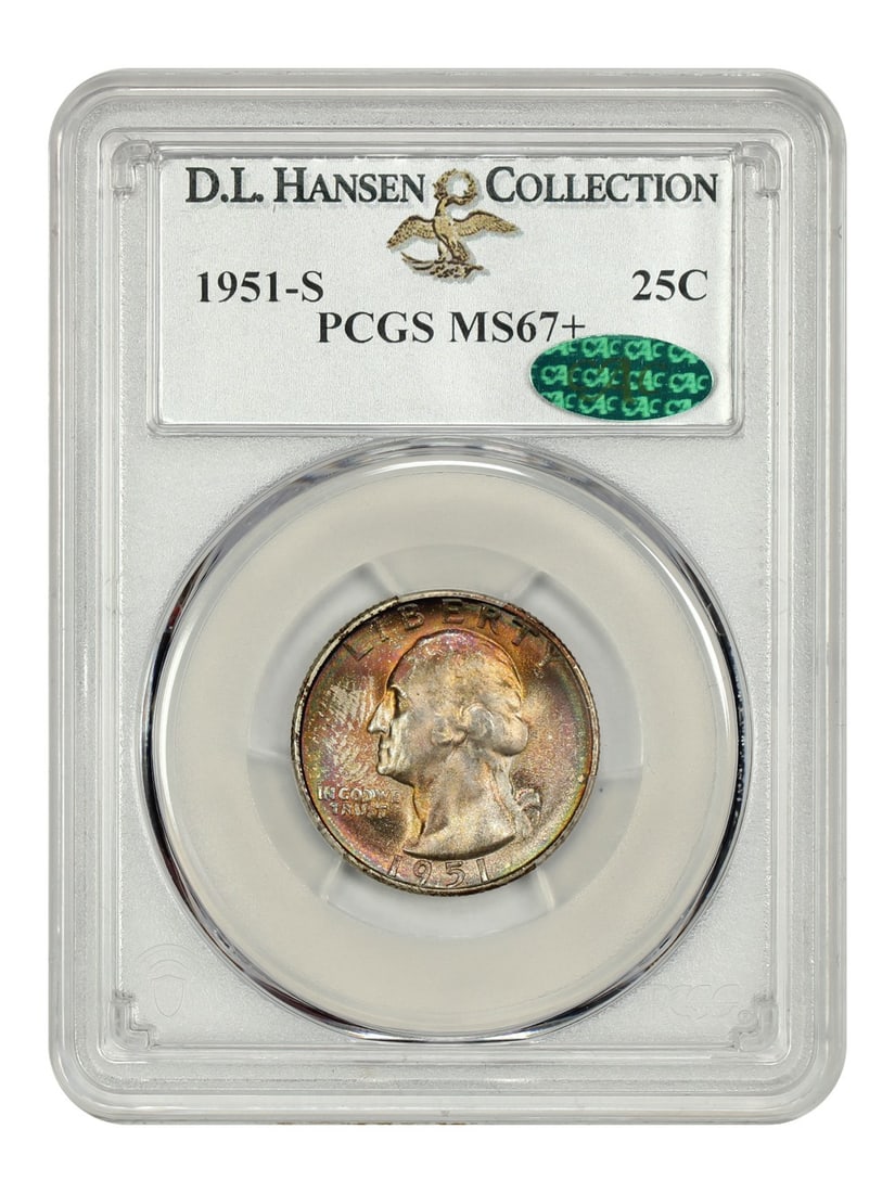 1951-S Washington Quarter PCGS MS67+ CAC Rainbow Tones: 1951-S Washington Quarter PCGS MS67+ CAC Rainbow Tones This 1951-S Washington Quarter is a stunning example, graded MS67+ by PCGS and CAC certified, showcasing its premium quality. The coin features a