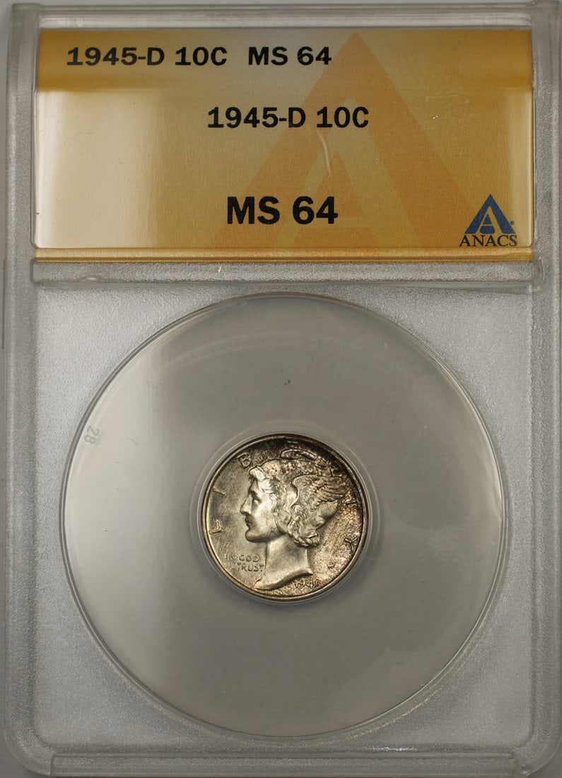 ANACS MS-64 1945-D Denver Mercury Dime Silver 10 Cent Coin: ANACS MS-64 1945-D Denver Mercury Dime Silver 10 Cent Coin This 1945-D Mercury Dime is composed of silver and was minted in Denver. It has been graded MS-64 by ANACS, indicating it is in uncirculated 