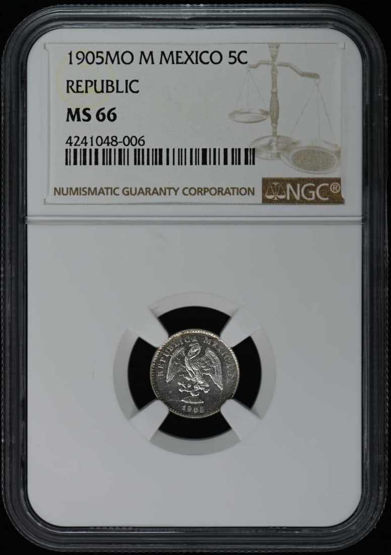 1905 Mexico Republic 5C Coin NGC MS66 Uncirculated: 1905 Mexico Republic 5C Coin NGC MS66 Uncirculated This 1905 Mexico Republic 5 Cent coin is in uncirculated condition and boasts a high grade of MS66, certified by NGC. The coin features the distincti