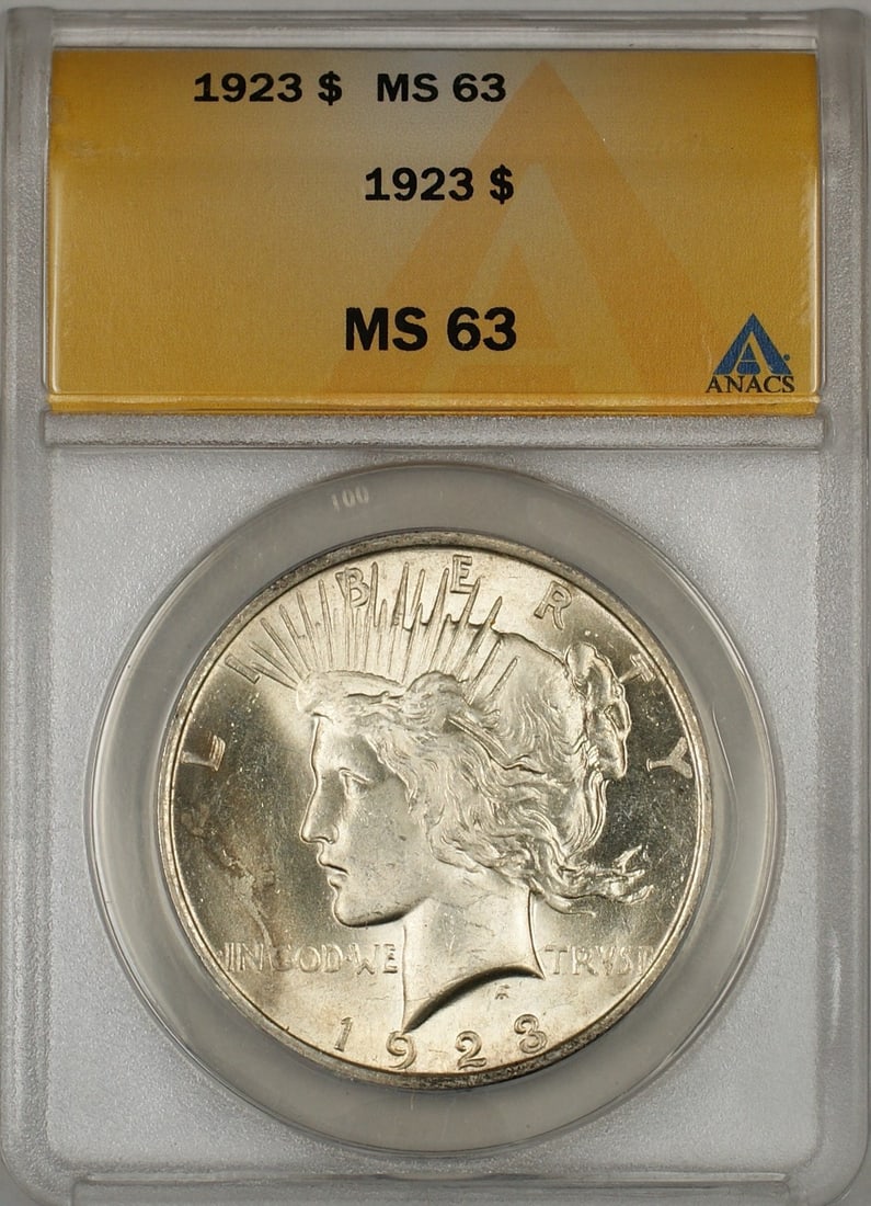 1923 Philadelphia Peace Dollar Silver ANACS MS 63 Certified Uncirculated Coin: 1923 Philadelphia Peace Dollar Silver ANACS MS 63 Certified Uncirculated Coin This is a 1923 Peace Silver Dollar graded MS 63 by ANACS. Struck at the Philadelphia Mint, this uncirculated coin is compo