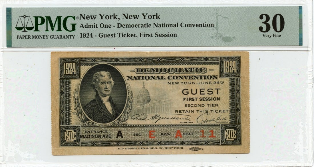1924 Democratic National Convention Guest Ticket New York PMG VF30 Certified (1 of 2)