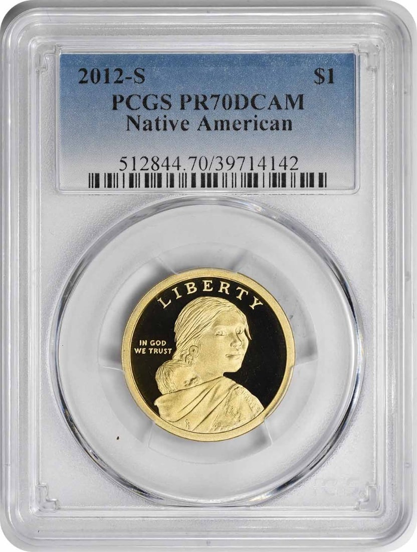 2012-S Sacagawea Dollar PR70DCAM PCGS Uncirculated Proof Coin: 2012-S Sacagawea Dollar PR70DCAM PCGS Uncirculated Proof Coin This 2012-S Sacagawea Native American Dollar is a stunning example of American numismatic artistry, graded as PR70DCAM by PCGS, indicating