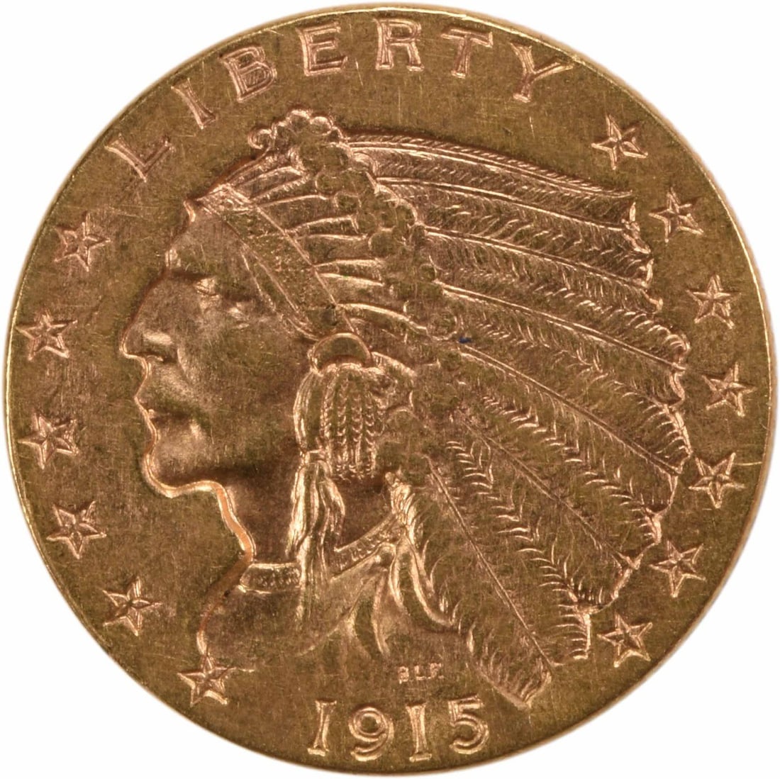 1915 $2.50 Gold Indian Coin by Bela Lyon Pratt AU Uncertified: 1915 $2.50 Gold Indian Coin by Bela Lyon Pratt AU Uncertified This 1915 $2.50 Gold Indian coin showcases the exquisite design by Bela Lyon Pratt, featuring a detailed representation of a Native Americ
