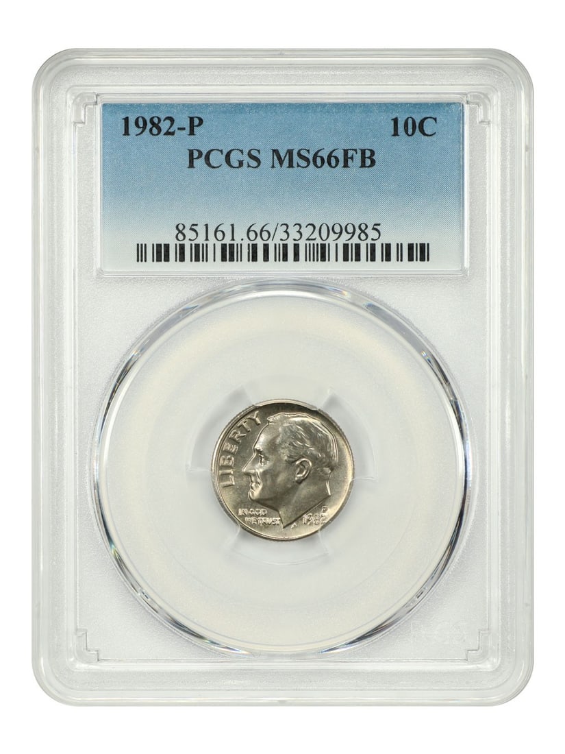 PCGS MS66FB 1982 Philadelphia Roosevelt Dime 10C Uncirculated: PCGS MS66FB 1982 Philadelphia Roosevelt Dime 10C Uncirculated This is a 1982-P Roosevelt Dime graded MS66FB by PCGS. The coin is uncirculated and features a Full Bands (FB) designation, indicating str