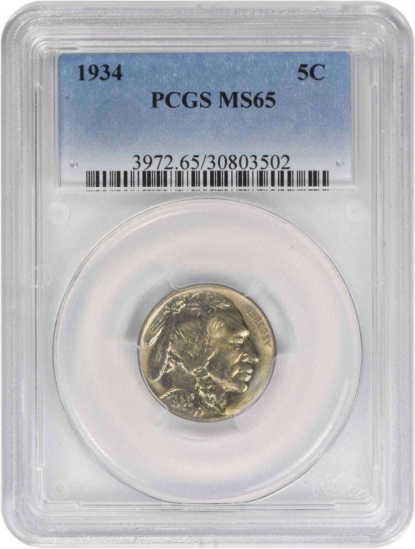 PCGS MS65 1934 Buffalo 5C Nickel: PCGS MS65 1934 Buffalo 5C Nickel This 1934 Buffalo Nickel is graded MS65 by PCGS, indicating an uncirculated coin with strong eye appeal. Composed of nickel, it features the classic Buffalo design and