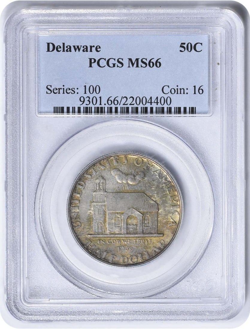 1936 Delaware Commemorative Silver Half Dollar MS66 PCGS Uncirculated: 1936 Delaware Commemorative Silver Half Dollar MS66 PCGS Uncirculated This 1936 Delaware Commemorative Silver Half Dollar, graded MS66 by PCGS, is a remarkable piece for collectors. Struck at the Phil