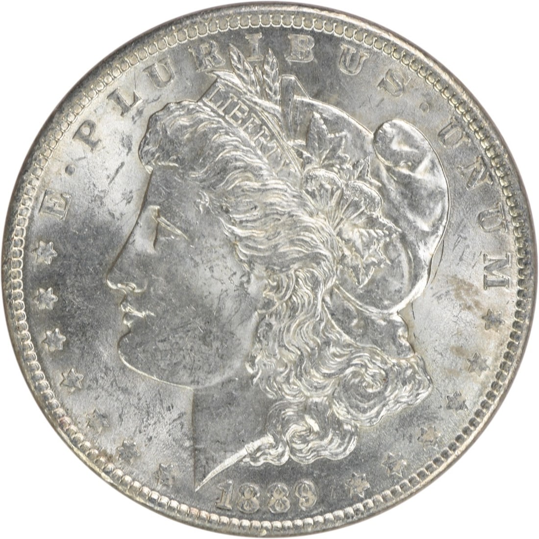 Uncirculated 1889 Silver Dollar Morgan BU No Mint Mark Uncertified: Uncirculated 1889 Silver Dollar Morgan BU No Mint Mark Uncertified This 1889 Morgan Silver Dollar is in brilliant uncirculated condition and remains uncertified. Composed of silver, it features the cl