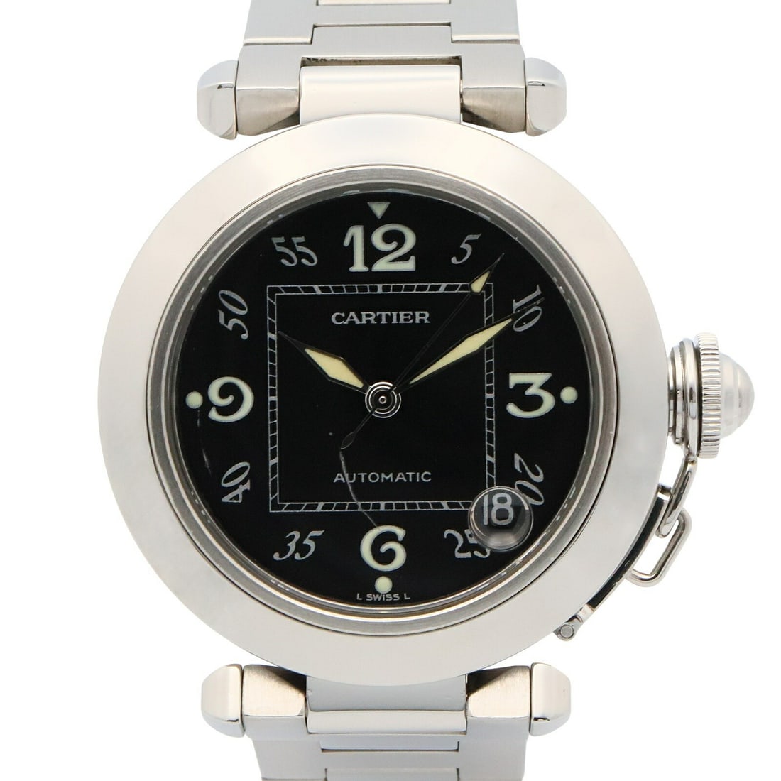 Cartier Pasha C automatic boys wristwatch black dial steel W31043M7: Cartier Pasha C automatic boys wristwatch black dial steel W31043M7 This Cartier Pasha C wristwatch features a stainless steel case and bracelet with a black dial. Designed for boys and suitable for u