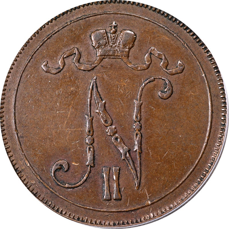 1907 Finland Ten Pennia Coin Certified ICG AU50 Copper: 1907 Finland Ten Pennia Coin Certified ICG AU50 Copper This is a 1907 Ten (10) Pennia coin from Finland, certified by ICG with a grade of AU50. Crafted from copper, this circulated coin showcases a bl