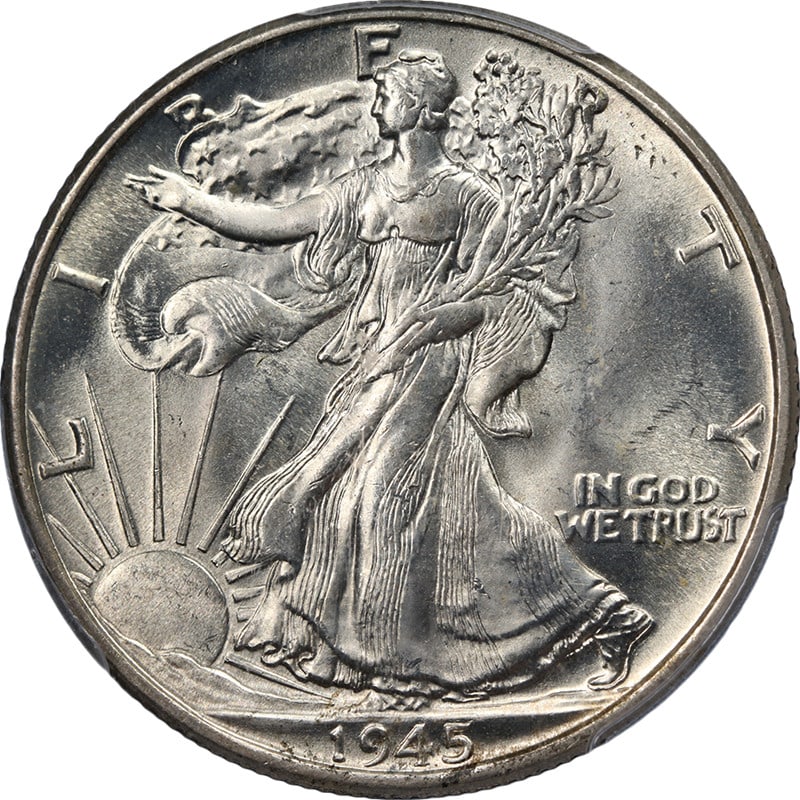 PCGS MS64 1945-P Walking Liberty Half Dollar Silver: PCGS MS64 1945-P Walking Liberty Half Dollar Silver This 1945-P Walking Liberty Half Dollar is graded MS64 by PCGS, indicating a well-preserved, uncirculated coin. Struck in silver with a fineness of 
