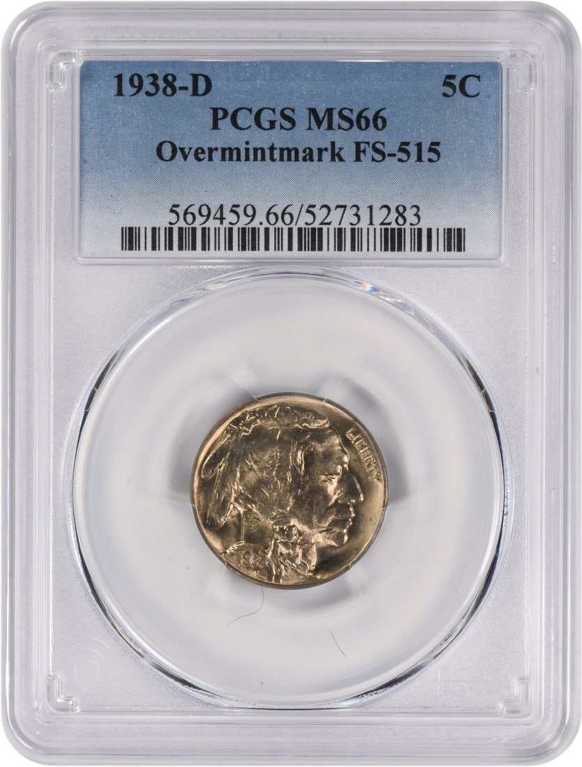 PCGS MS66 1938-D Buffalo Nickel FS-515: PCGS MS66 1938-D Buffalo Nickel FS-515 This is a 1938-D/S Buffalo Nickel graded MS66 by PCGS. The coin is uncirculated and features the FS-515 overmintmark variety. It is composed of nickel and was mi